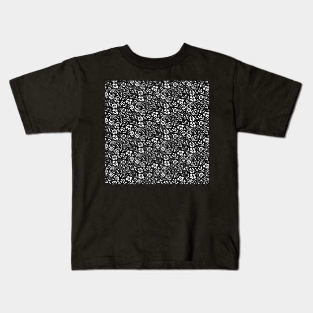 Inverted Black and White Floral Miniprint Kids T-Shirt by Carolina Díaz